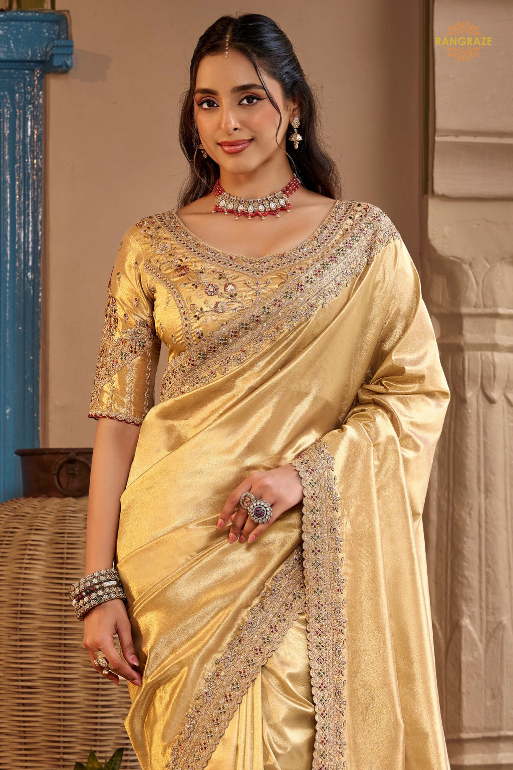 Golden Yellow Embroidred Fancy Silk Saree