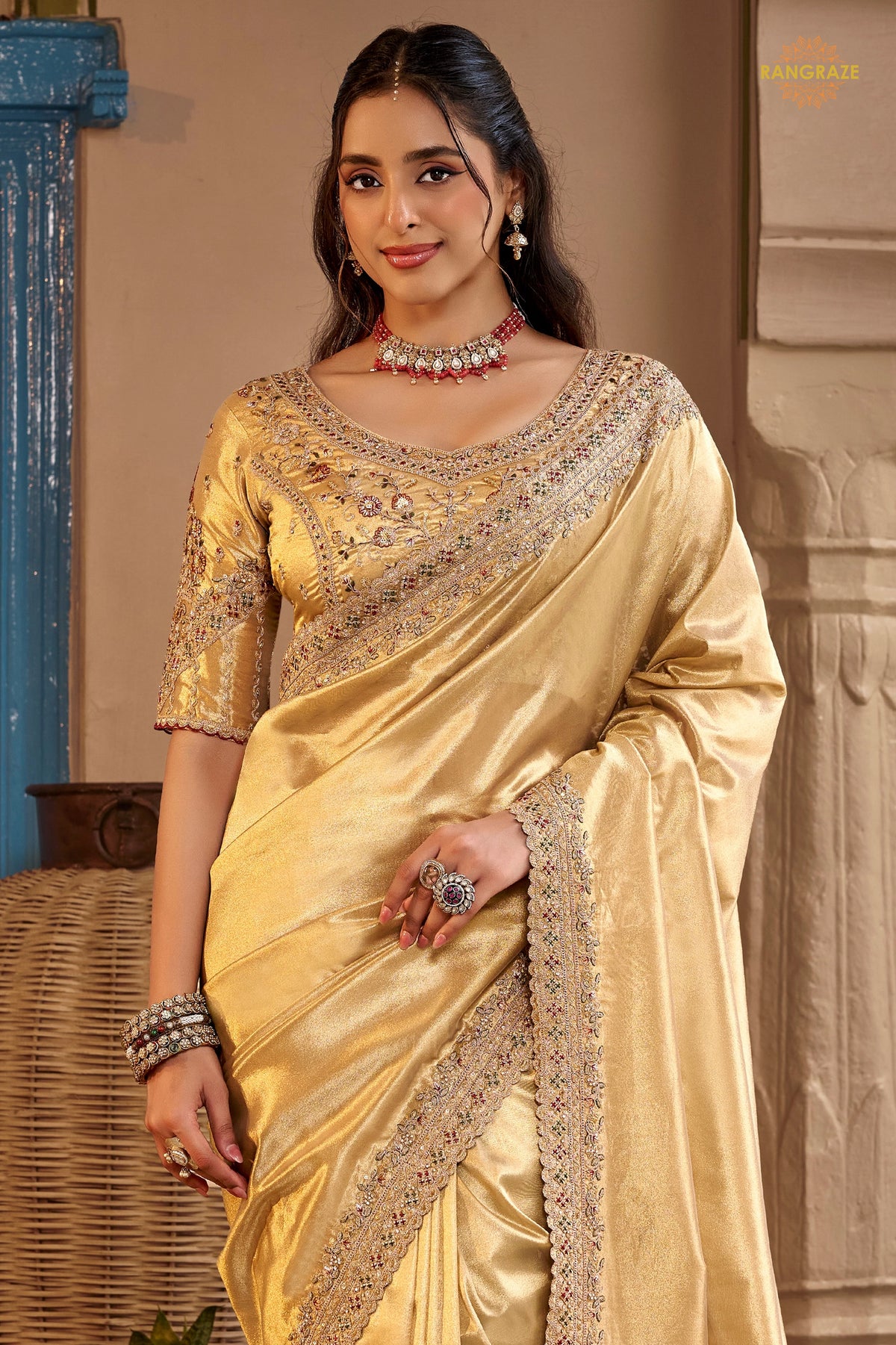 Golden Yellow Embroidred Fancy Silk Saree