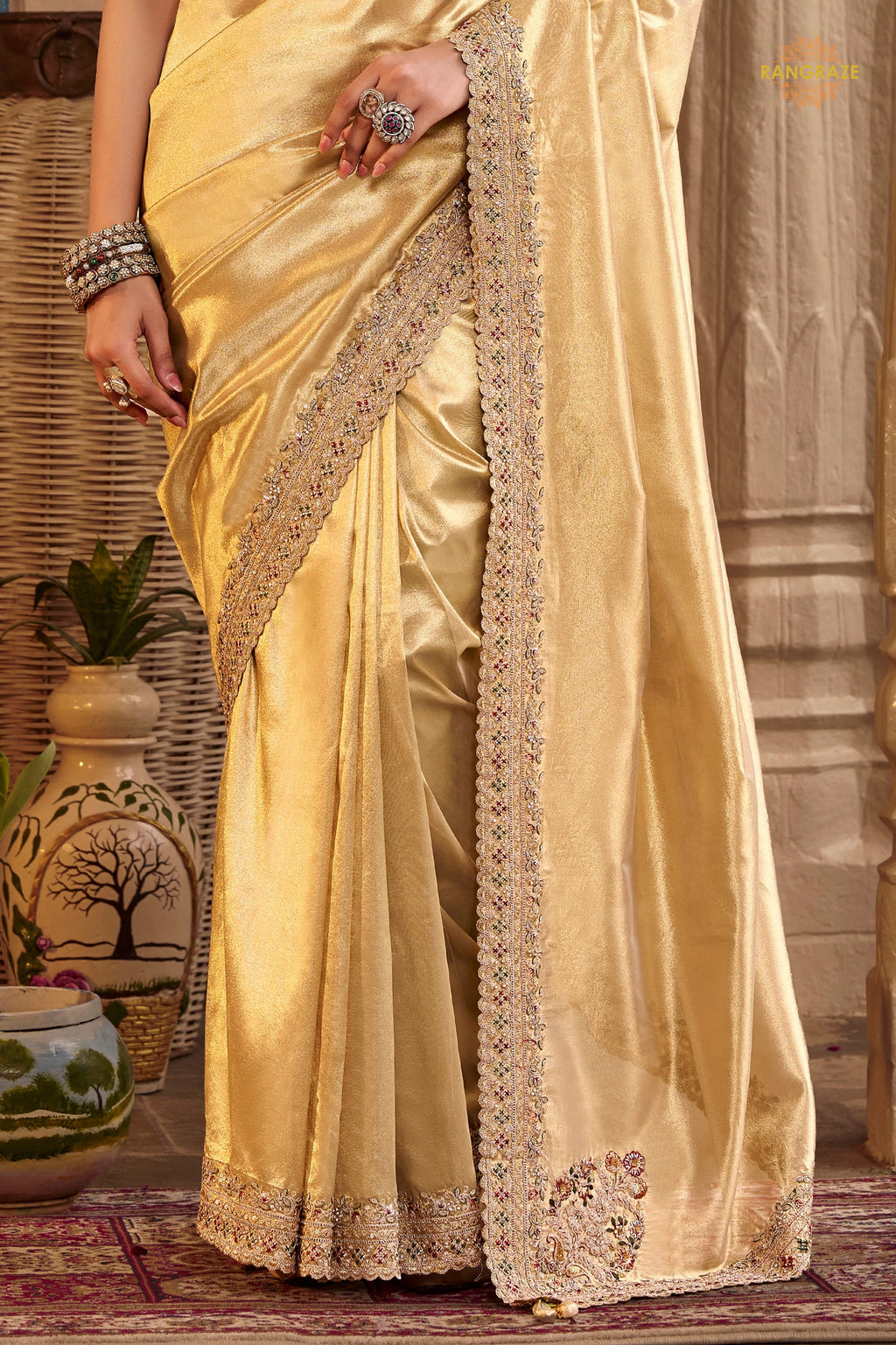 Golden Yellow Embroidred Fancy Silk Saree