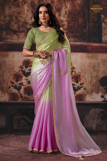 Green And Pink Ombre Designer Satin Silk Saree With Embroidered Blouse