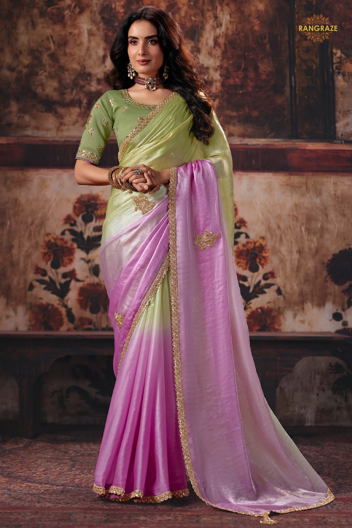 Green And Pink Ombre Designer Satin Silk Saree With Embroidered Blouse