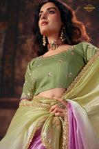 Green And Pink Ombre Designer Satin Silk Saree With Embroidered Blouse