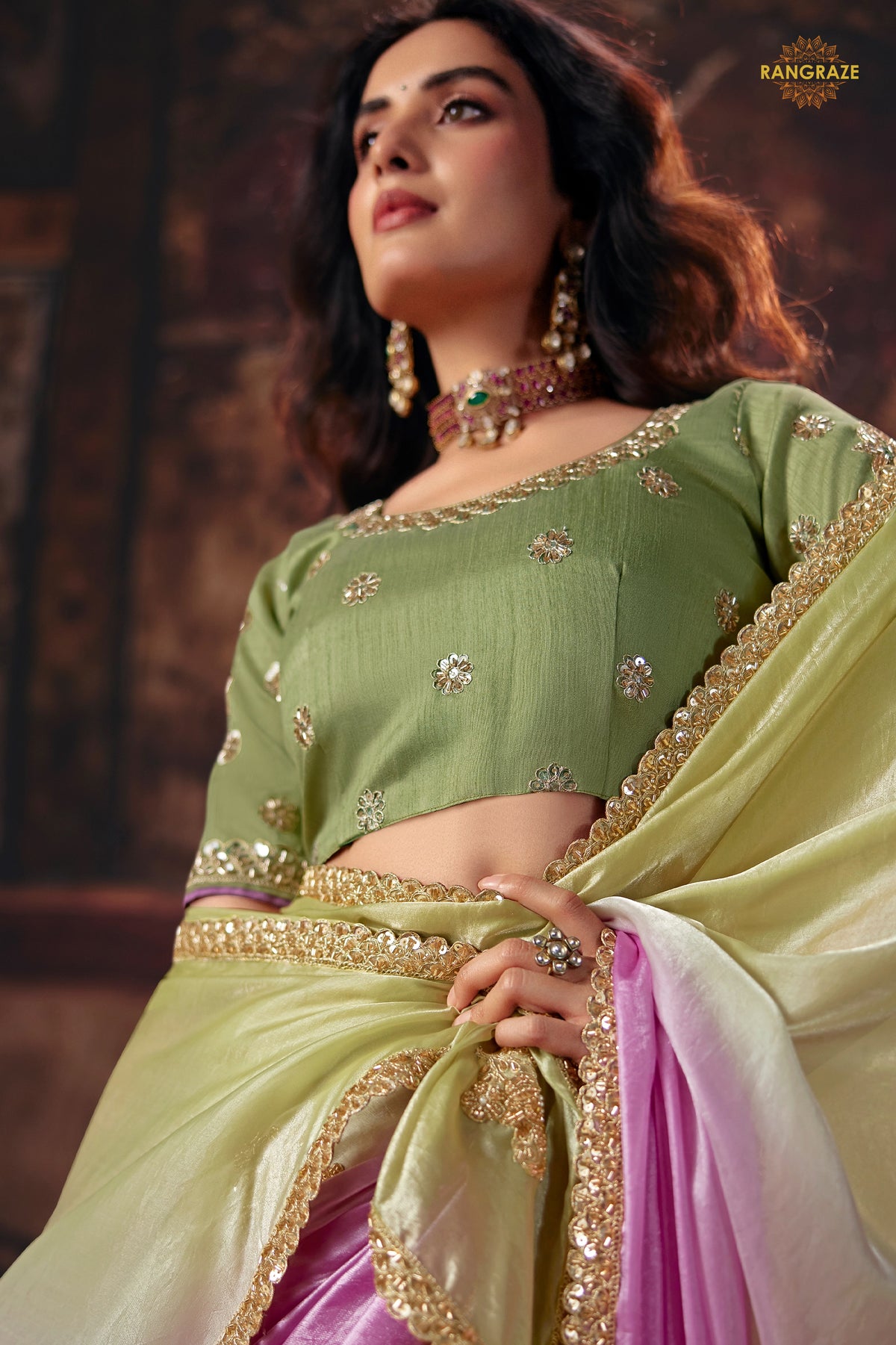 Green And Pink Ombre Designer Satin Silk Saree With Embroidered Blouse