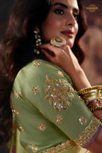 Green And Pink Ombre Designer Satin Silk Saree With Embroidered Blouse
