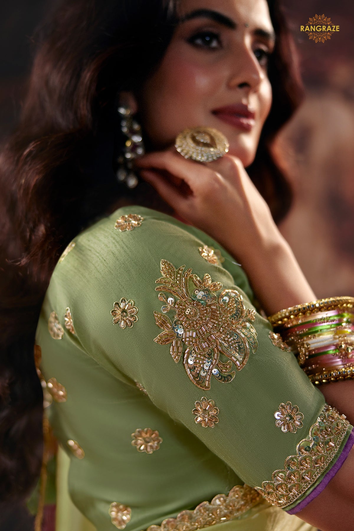 Green And Pink Ombre Designer Satin Silk Saree With Embroidered Blouse