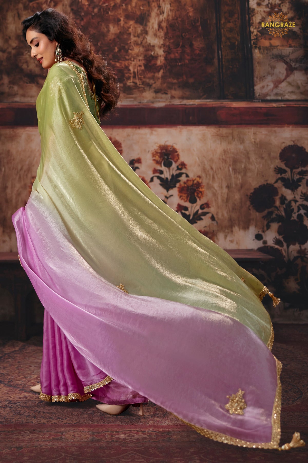 Green And Pink Ombre Designer Satin Silk Saree With Embroidered Blouse