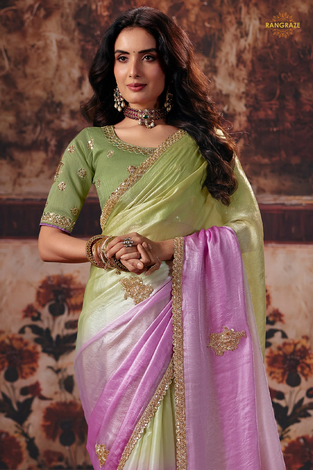 Green And Pink Ombre Designer Satin Silk Saree With Embroidered Blouse