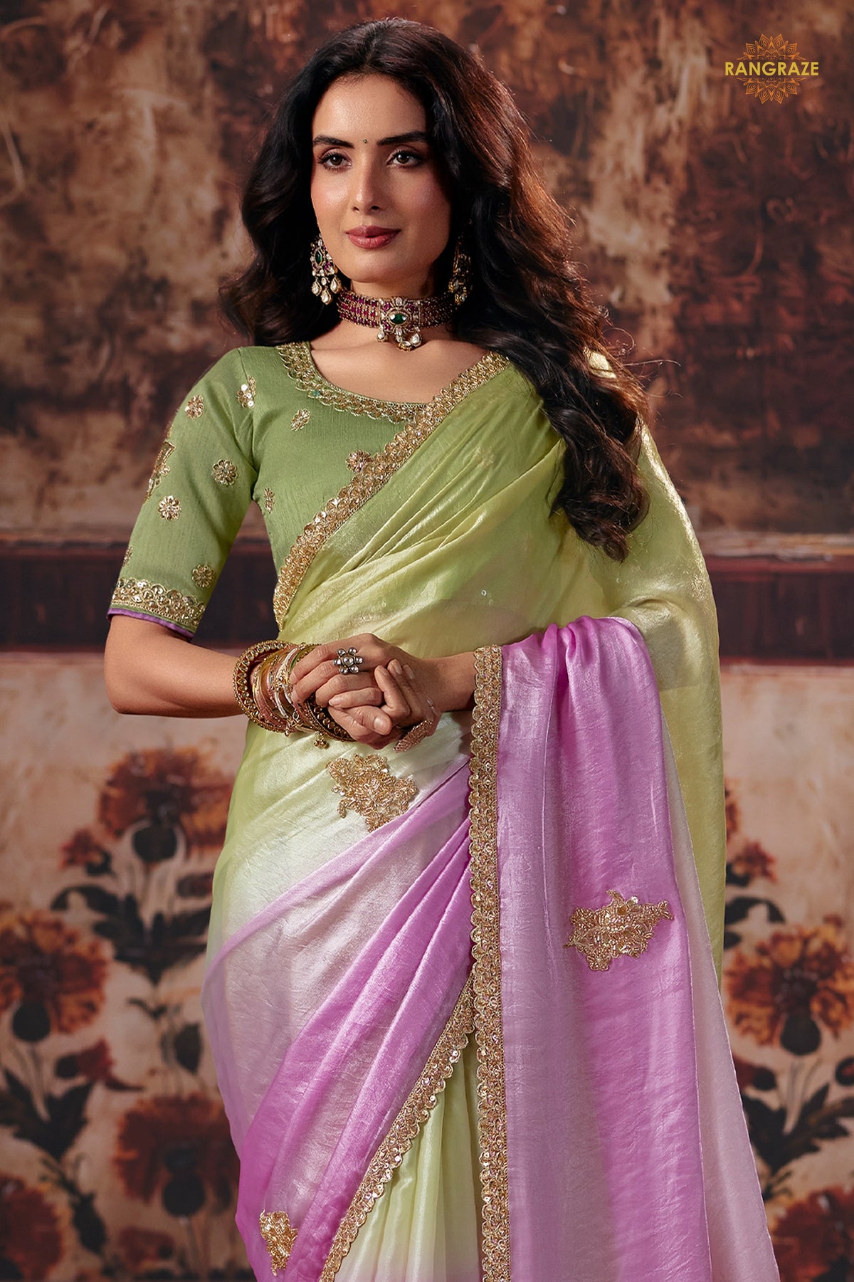 Green And Pink Ombre Designer Satin Silk Saree With Embroidered Blouse