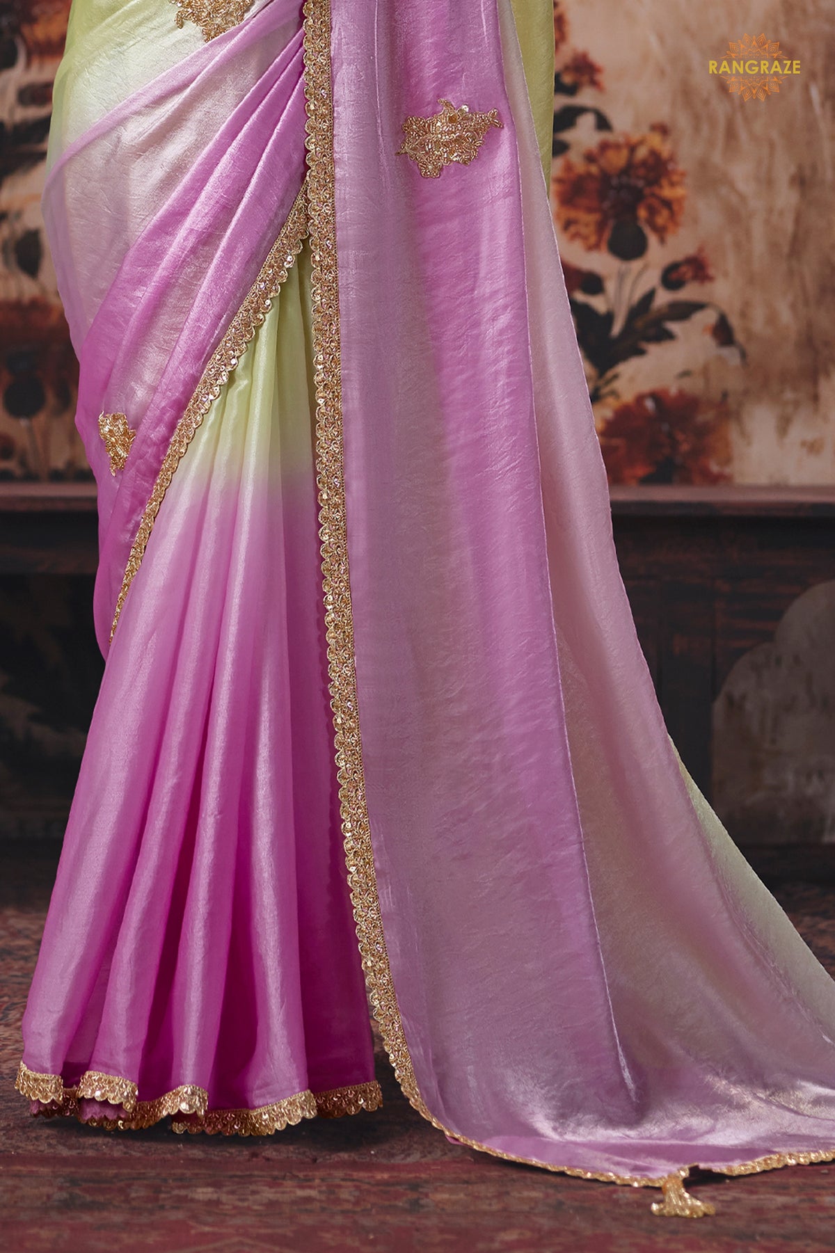 Green And Pink Ombre Designer Satin Silk Saree With Embroidered Blouse