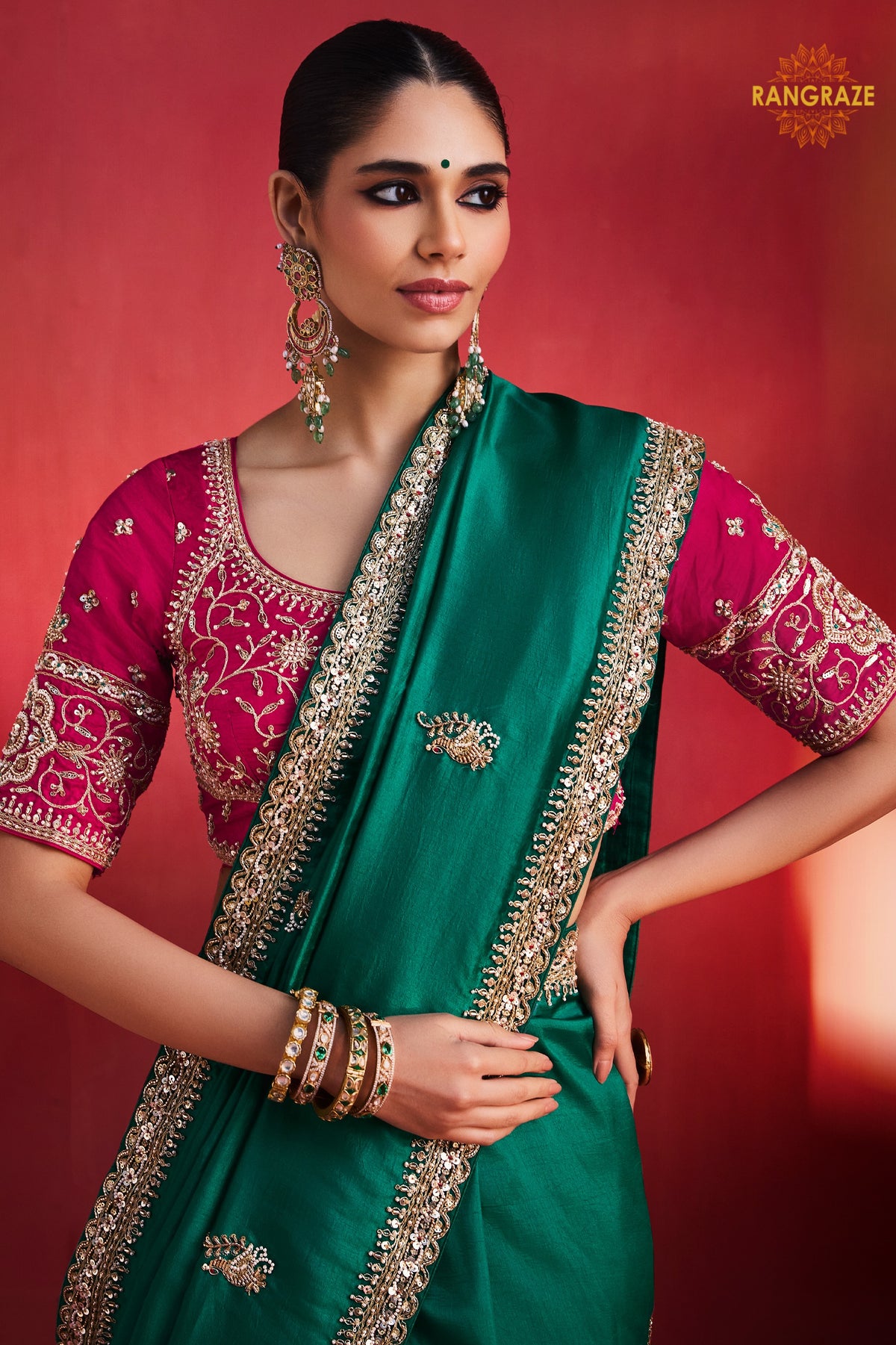 Green Embroidered Silk Saree With Designer Border