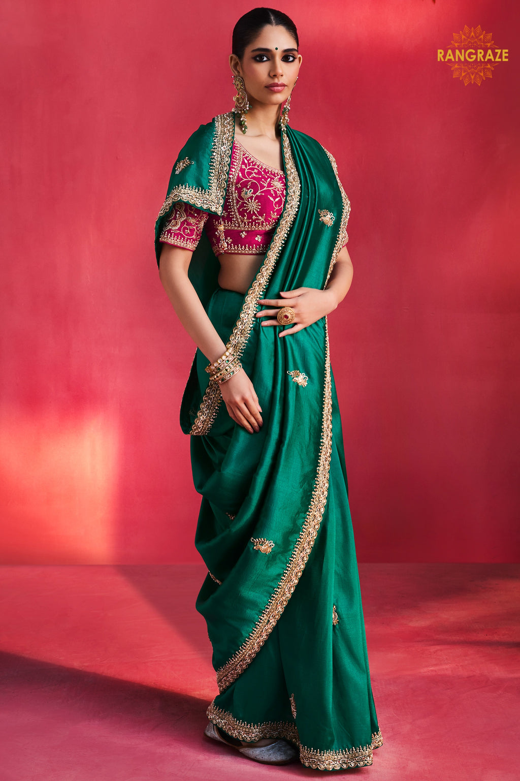 Green Embroidered Silk Saree With Designer Border