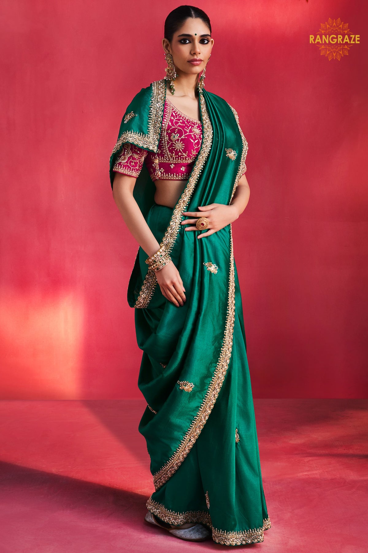Green Embroidered Silk Saree With Designer Border