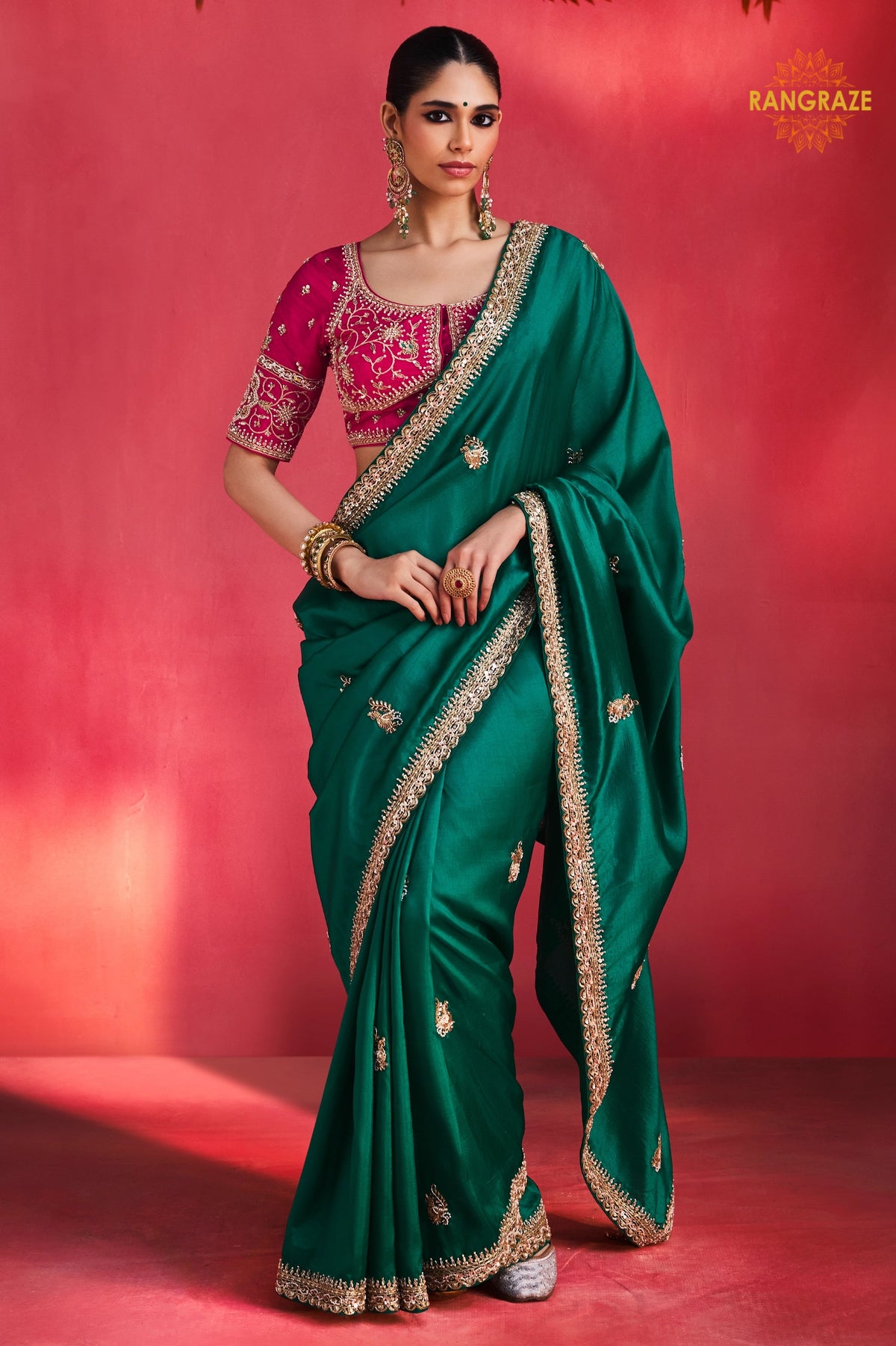 Green Embroidered Silk Saree With Designer Border