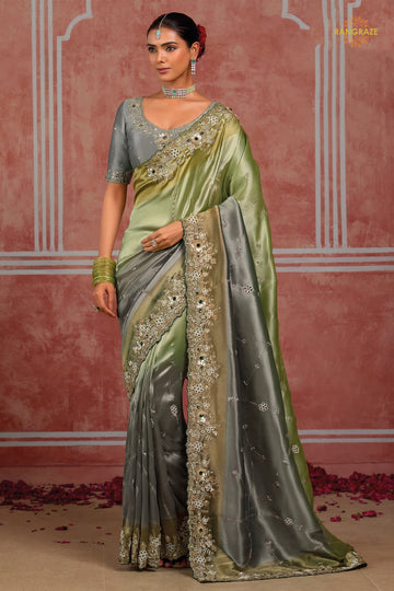 Green Grey Embroidered Ziraf Silk Saree