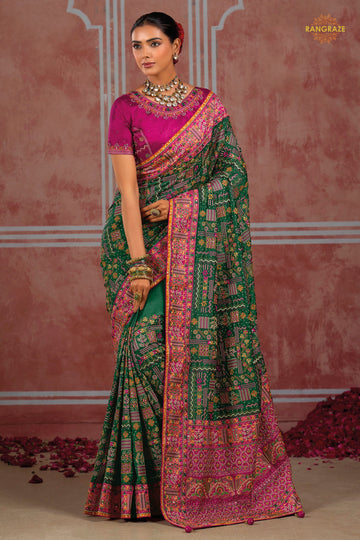 Green Kachi Work Shana Silk Saree With Mirror Work