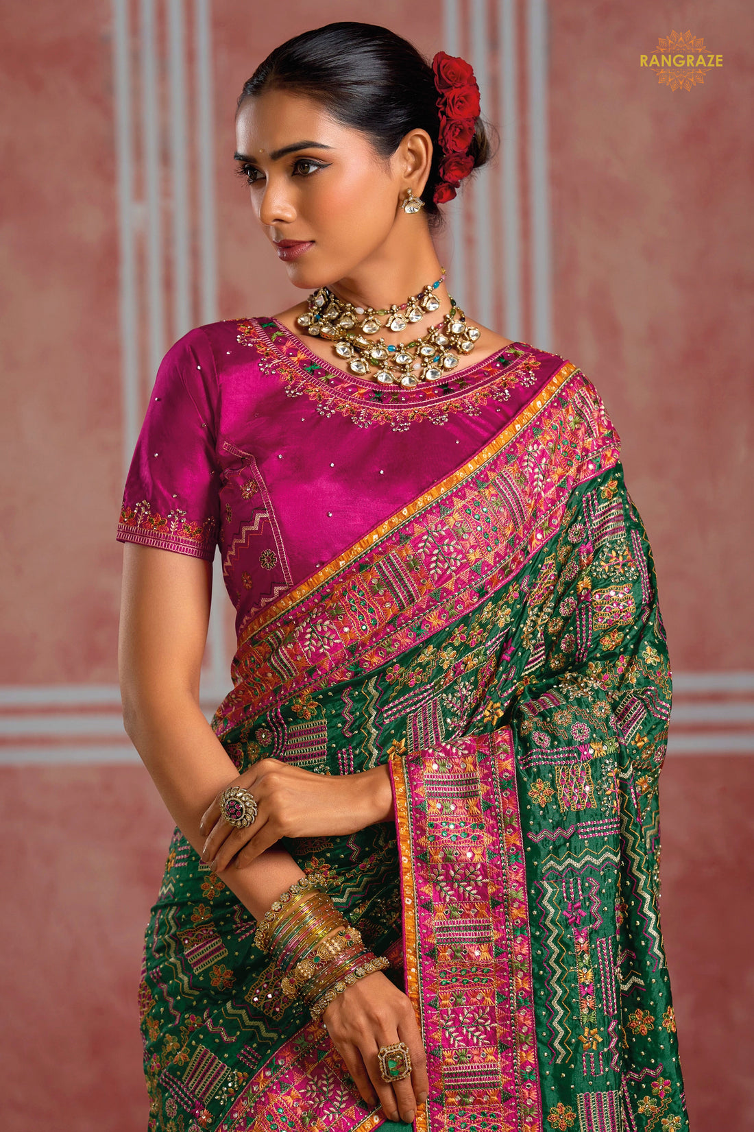 Green Kachi Work Shana Silk Saree With Mirror Work