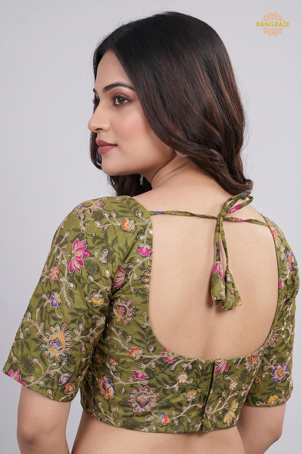 Green Printed Viscose Blouse with Embroidered Work