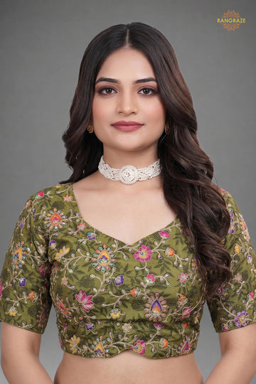 Green Printed Viscose Blouse with Embroidered Work
