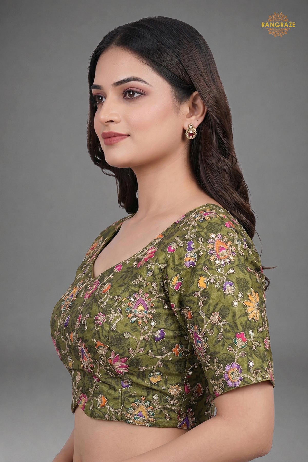 Green Printed Viscose Blouse with Embroidered Work