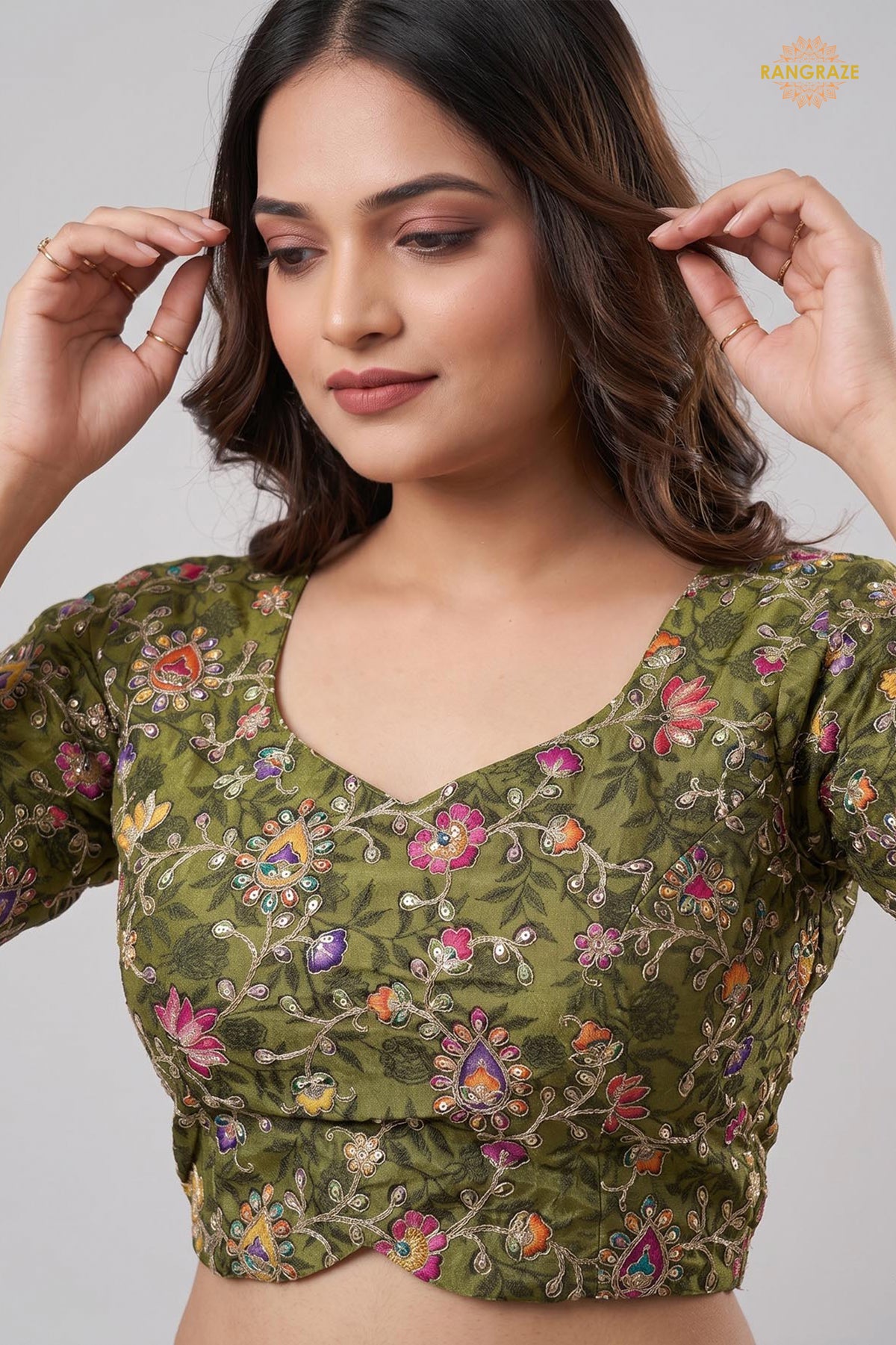 Green Printed Viscose Blouse with Embroidered Work