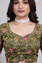 Green Printed Viscose Blouse with Embroidered Work