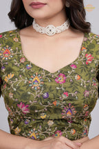 Green Printed Viscose Blouse with Embroidered Work