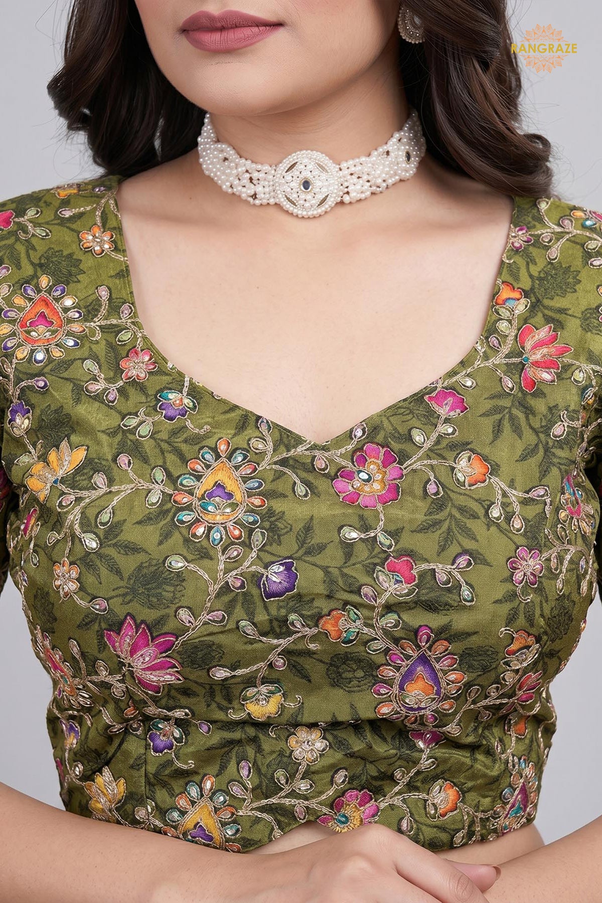 Green Printed Viscose Blouse with Embroidered Work