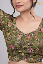 Green Printed Viscose Blouse with Embroidered Work