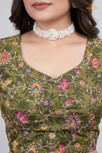 Green Printed Viscose Blouse with Embroidered Work