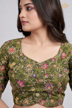 Green Printed Viscose Blouse with Embroidered Work