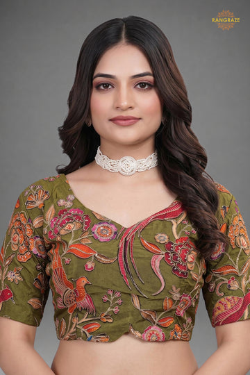 Green Printed Viscose Blouse with Embroidered Work