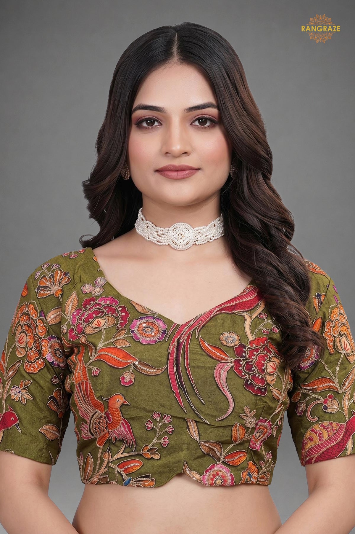 Green Printed Viscose Blouse with Embroidered Work