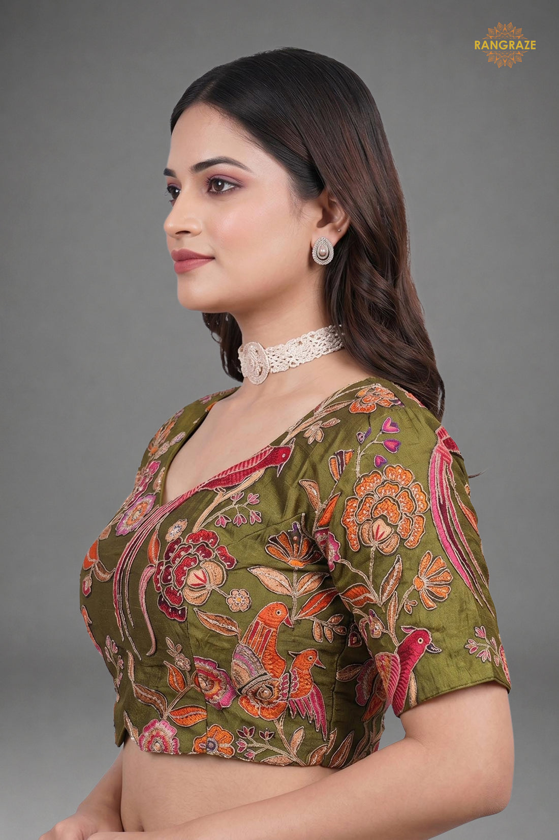 Green Printed Viscose Blouse with Embroidered Work