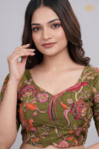 Green Printed Viscose Blouse with Embroidered Work