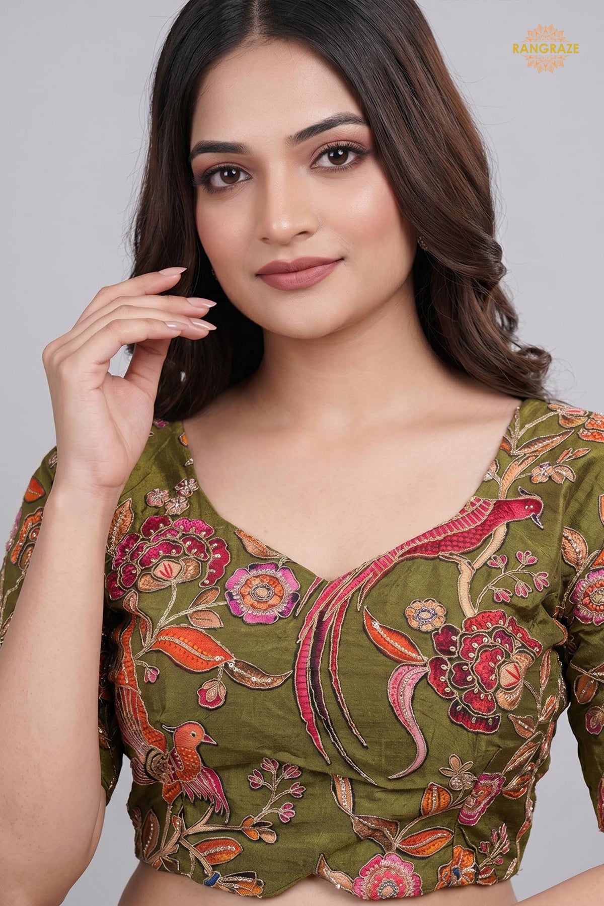 Green Printed Viscose Blouse with Embroidered Work