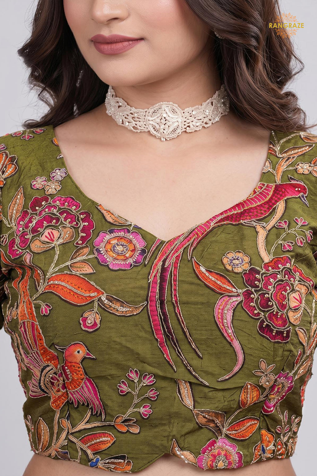 Green Printed Viscose Blouse with Embroidered Work