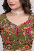 Green Printed Viscose Blouse with Embroidered Work