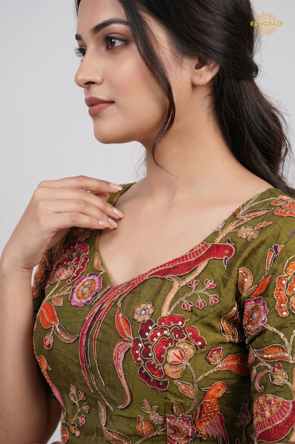 Green Printed Viscose Blouse with Embroidered Work