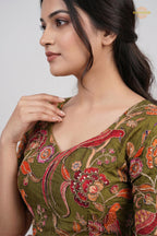 Green Printed Viscose Blouse with Embroidered Work