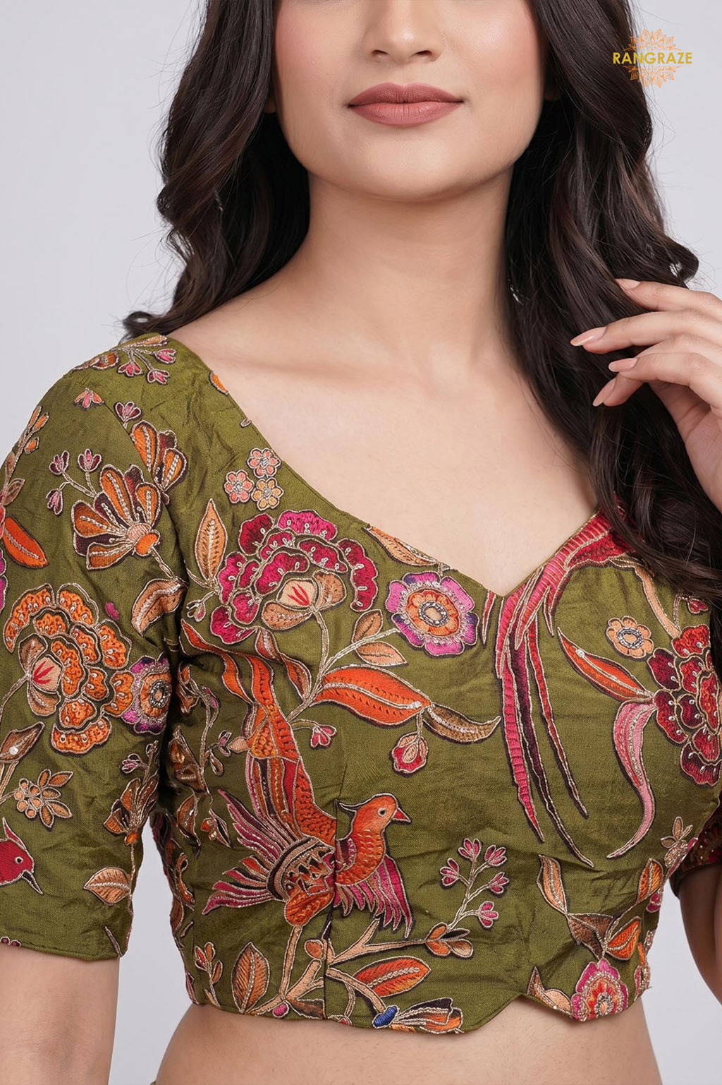 Green Printed Viscose Blouse with Embroidered Work