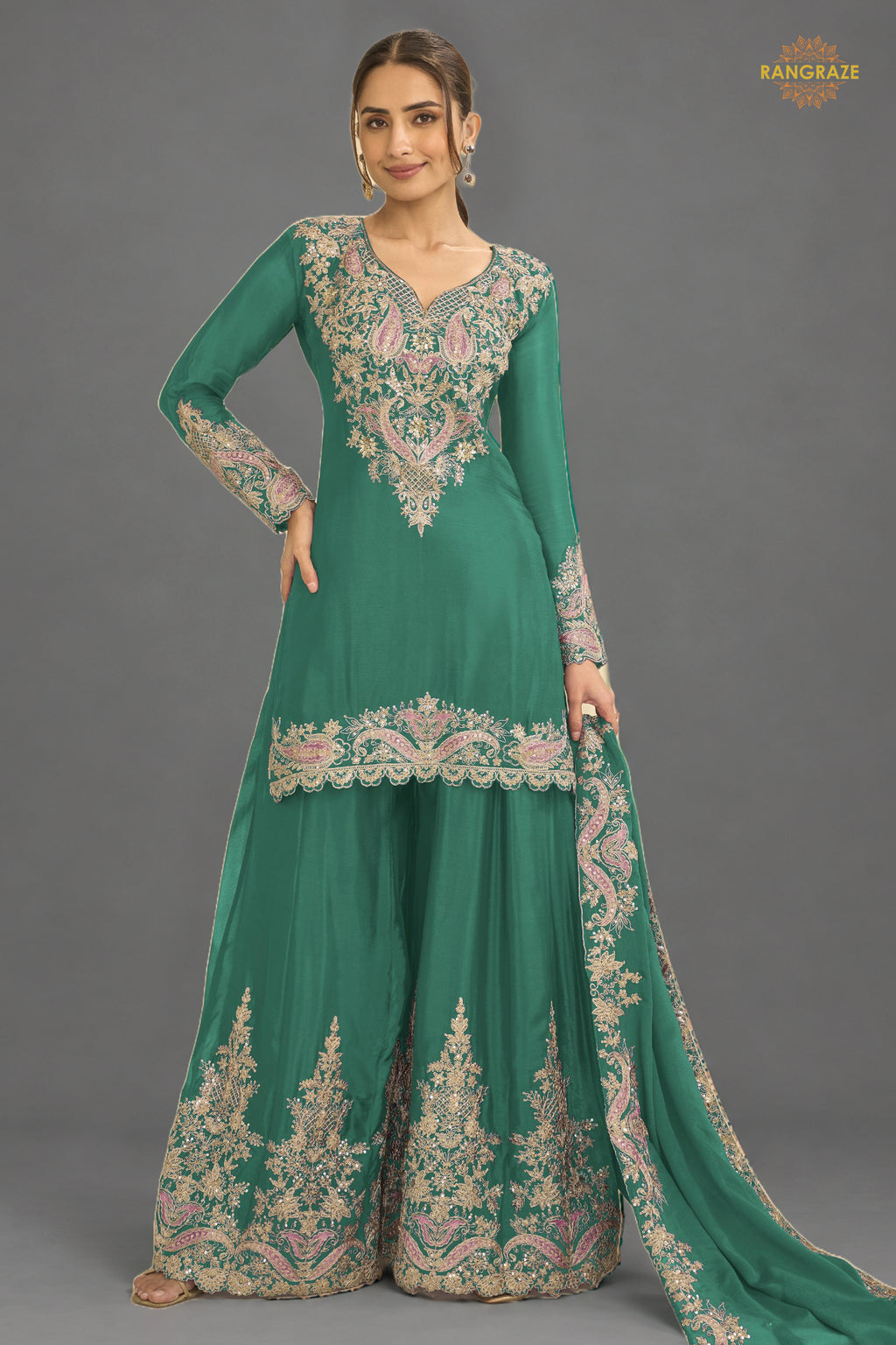 Green Stitched Embroidered Chinon Suit