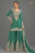 Green Stitched Embroidered Chinon Suit
