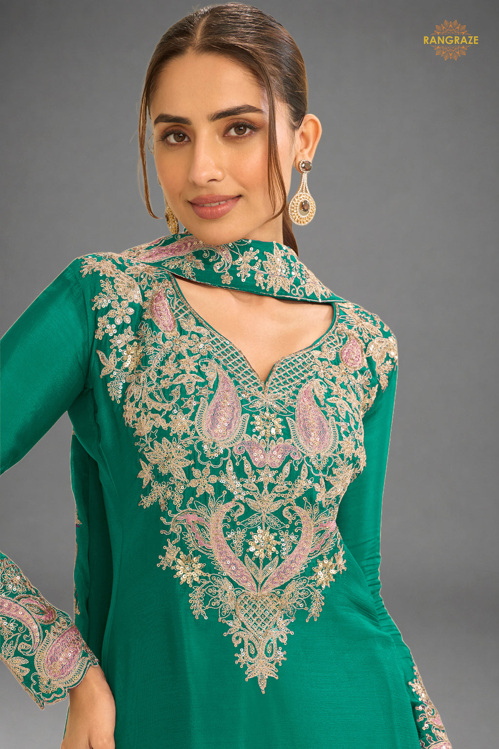 Green Stitched Embroidered Chinon Suit
