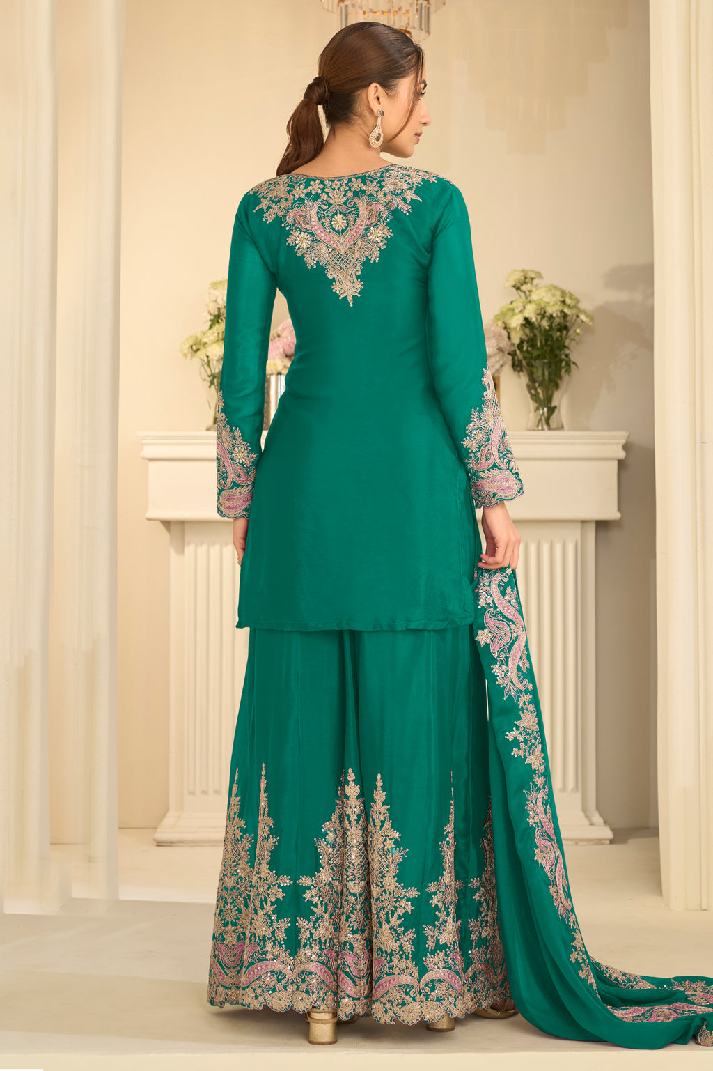 Green Stitched Embroidered Chinon Suit