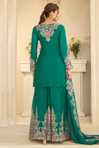 Green Stitched Embroidered Chinon Suit