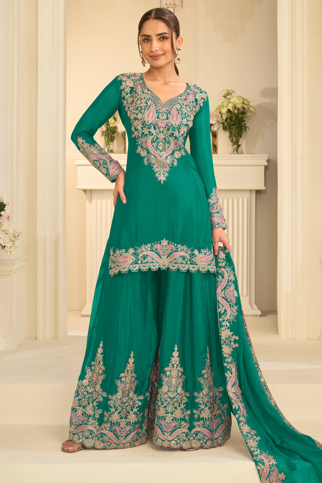 Green Stitched Embroidered Chinon Suit