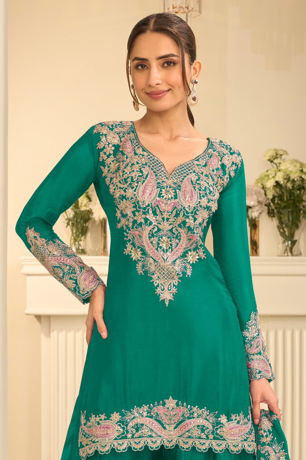 Green Stitched Embroidered Chinon Suit