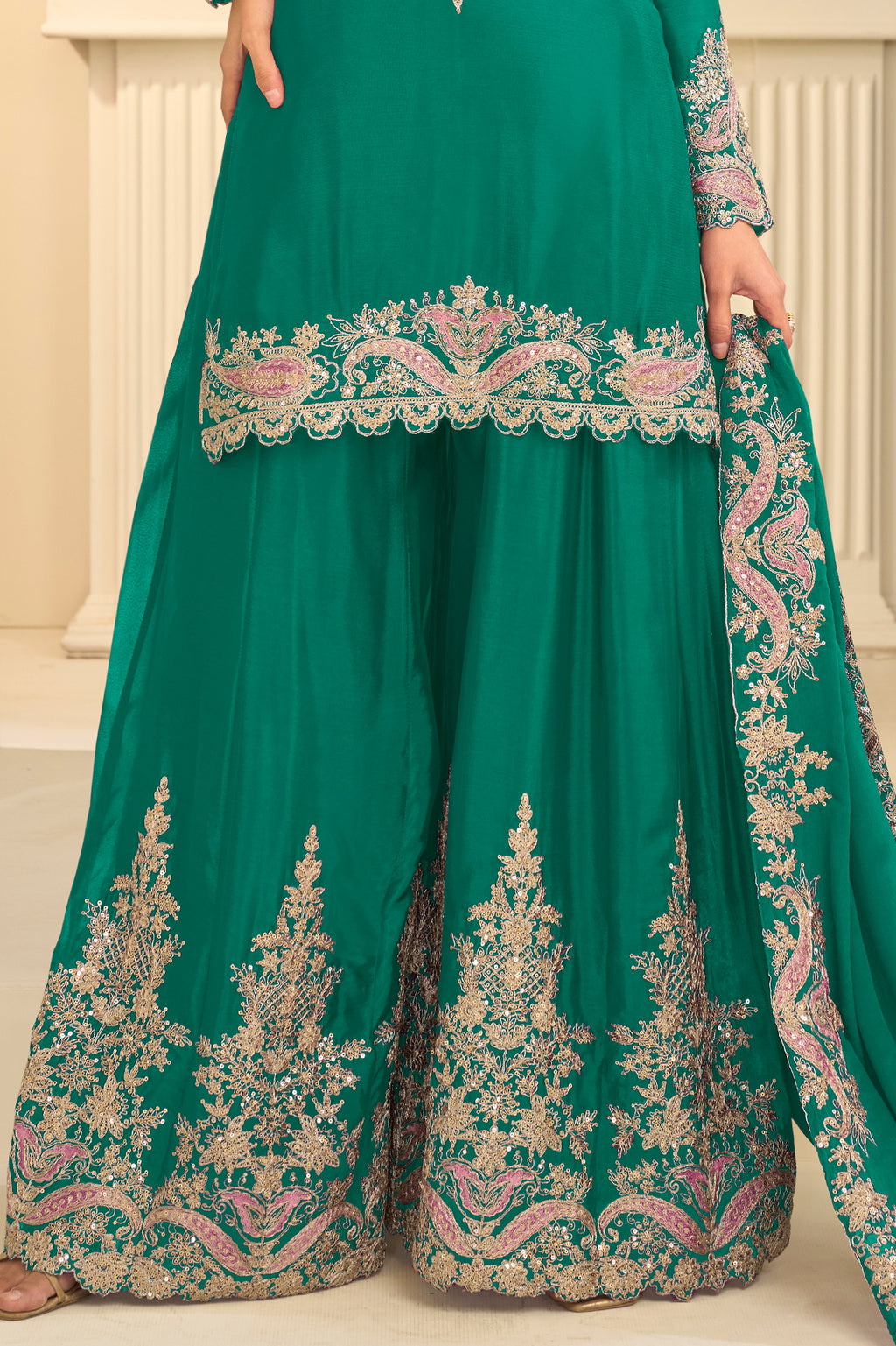 Green Stitched Embroidered Chinon Suit