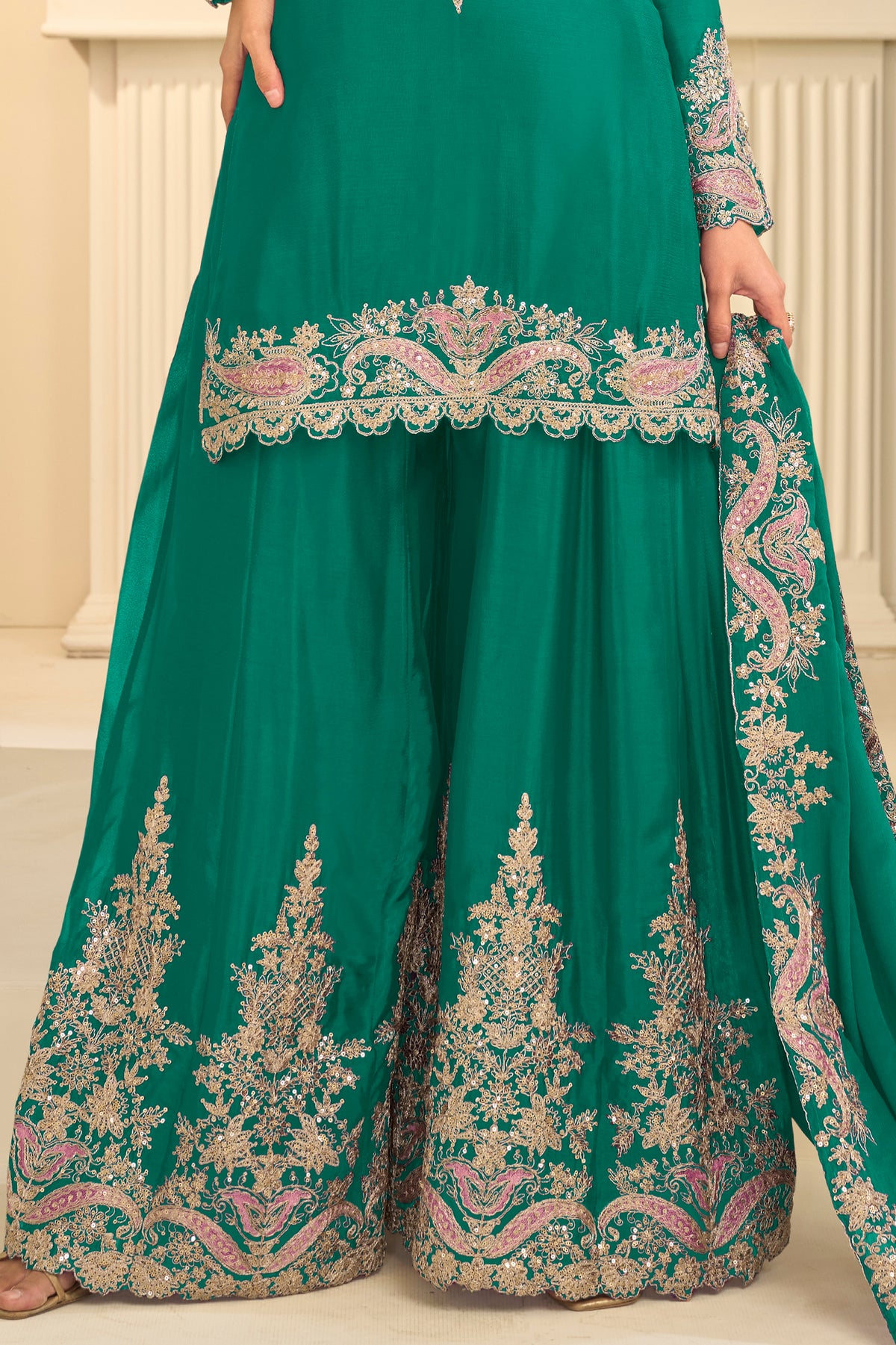 Green Stitched Embroidered Chinon Suit
