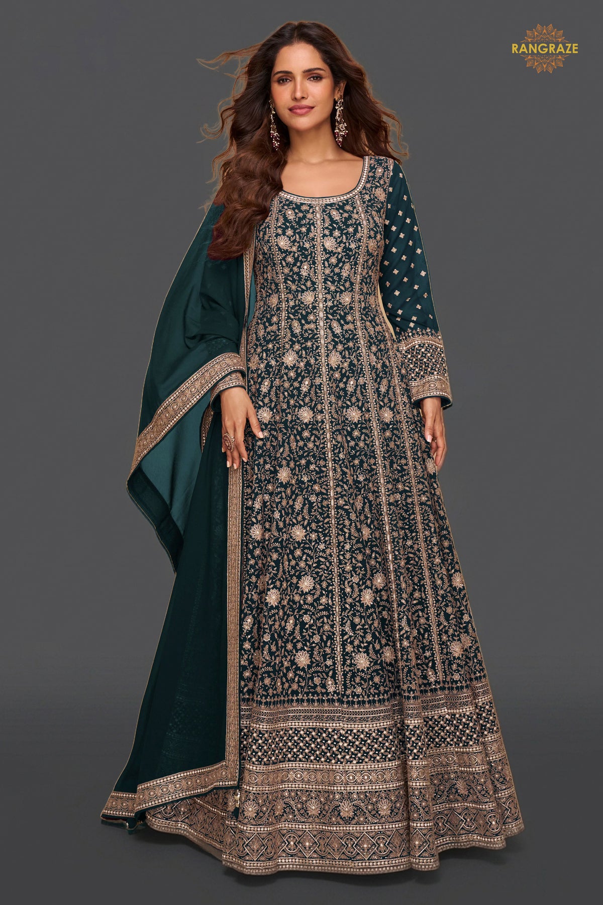Green Stitched Georgette Gown with Dupatta
